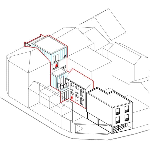 Axonométrie du projet d'architecture place Coronmeuse à Herstal pour le permis d'urbanisme