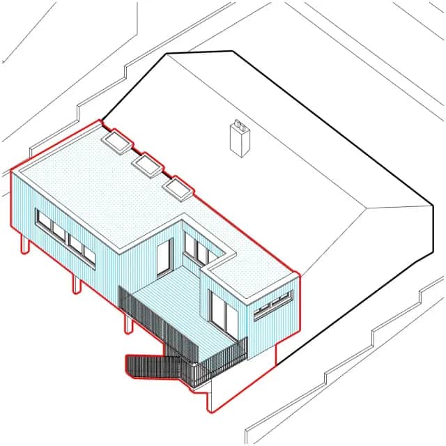 Axonométrie du projet d'extension à Court-Saint-Etienne