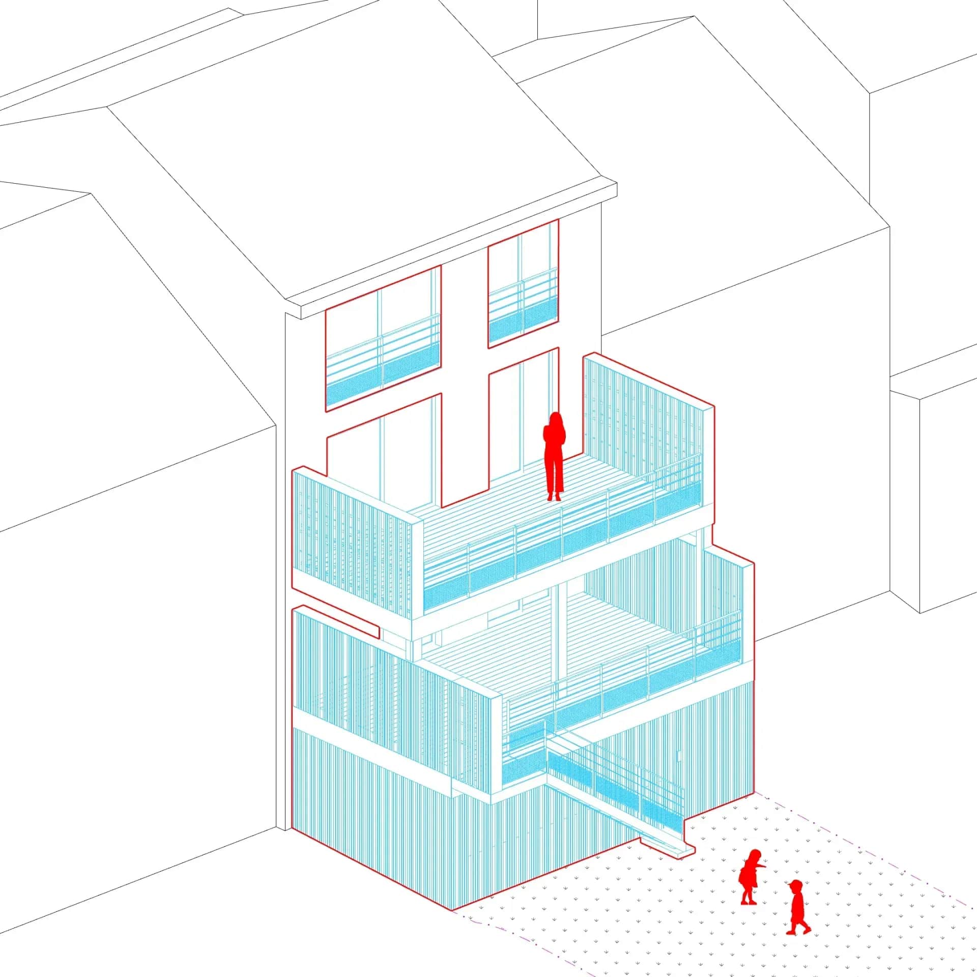 Axonométrie d'un projet de rénovation et d'extension d'une habitation à Embourg par le bureau liégeois d'Architecture N8