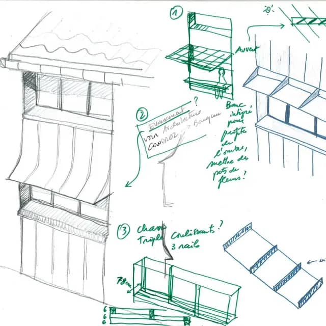 Esquisses de recherche pour la transformation de la façade, feutre noir et vert, réfelexion sur les détails techniques et les